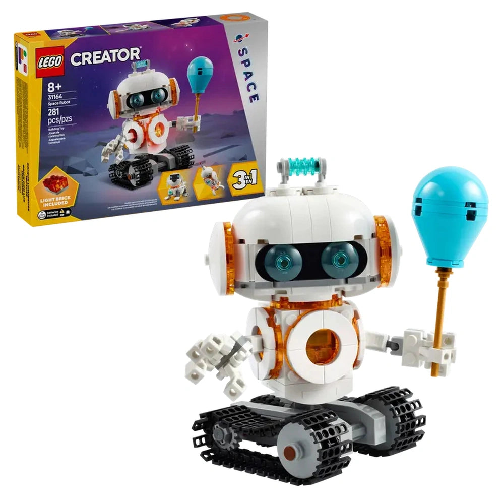 LEGO Creator Space Robot toy with track wheels, blue balloon, and light-up features, displayed next to its colorful box packaging.