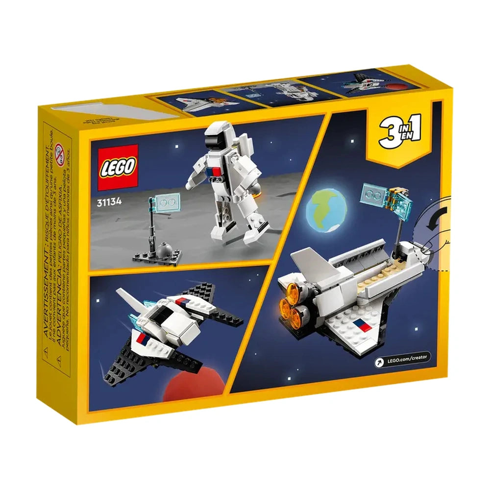 LEGO Creator 3in1 Space Shuttle set featuring a posable astronaut on a moon-like surface, a black and white shuttle, and vibrant rocket thrusters.