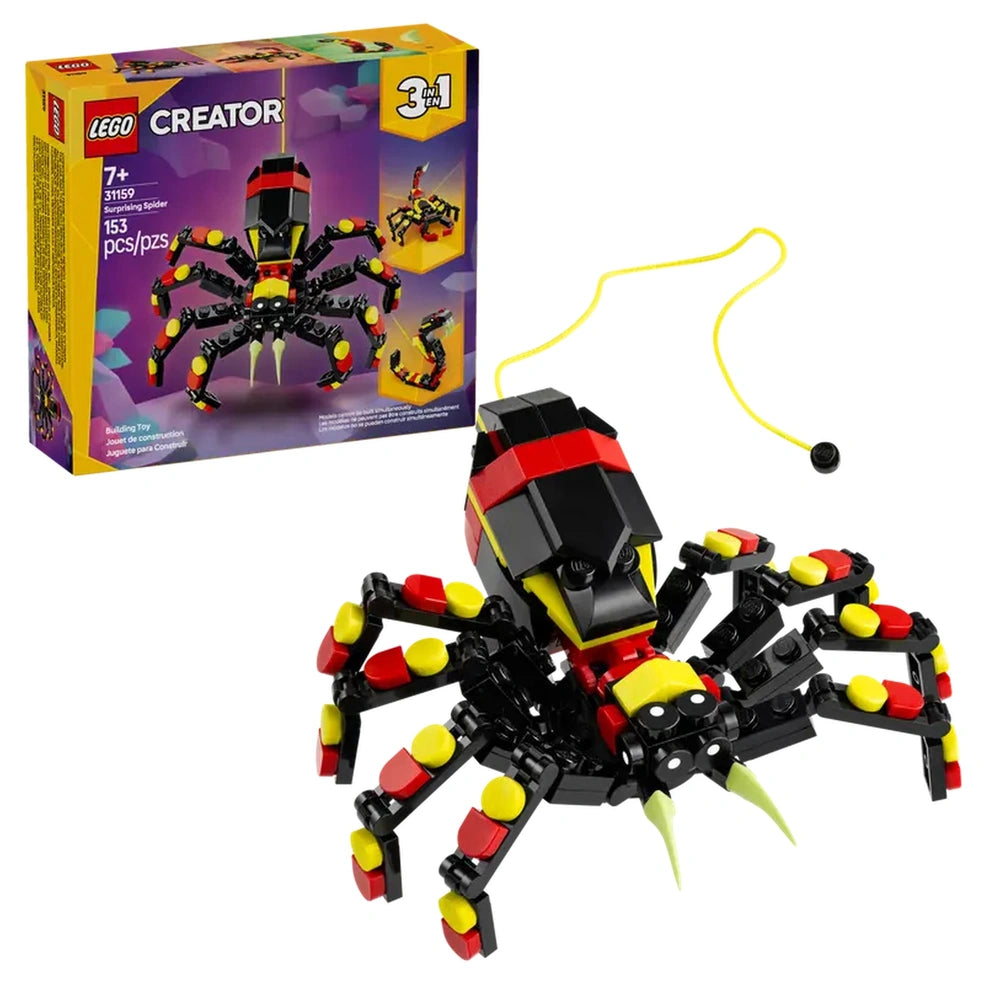 LEGO Creator Surprising Spider construction set features a vibrant, posable spider with black, yellow, and red colors, and a neon-yellow web.