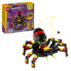 LEGO Creator Surprising Spider construction set features a vibrant, posable spider with black, yellow, and red colors, and a neon-yellow web.