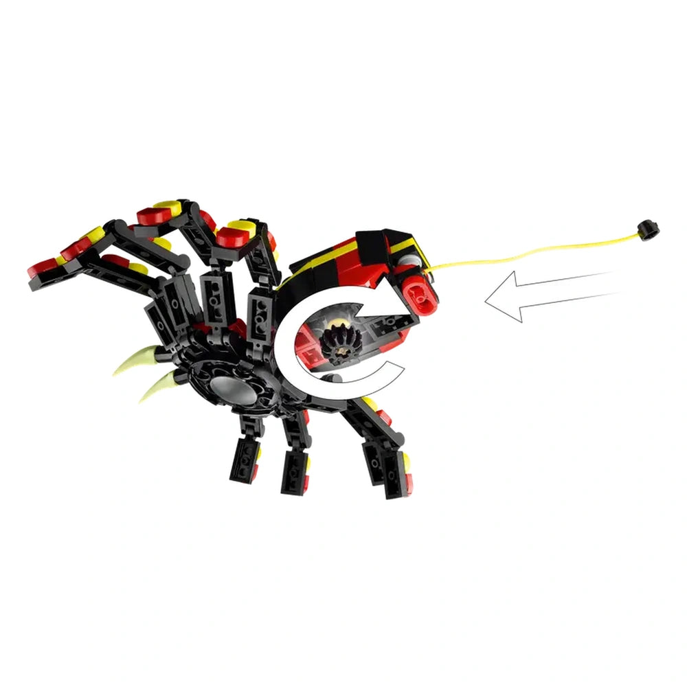 Posable LEGO spider toy in vibrant black, red, and yellow, featuring eight articulated legs, large teeth, and a pulled neon-yellow web.