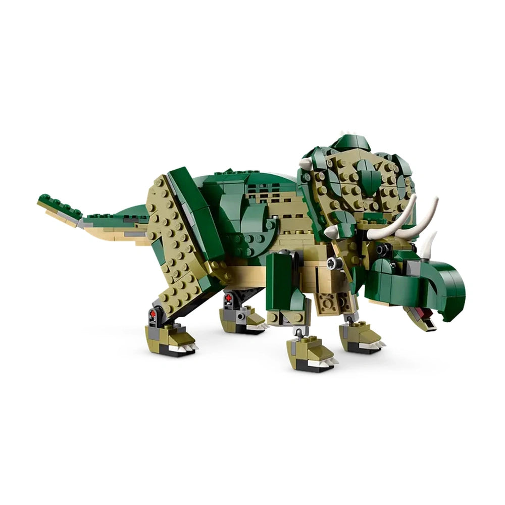 LEGO Creator T. rex construction set in green and beige, showcasing a highly posable dinosaur with detailed features, standing on all fours.