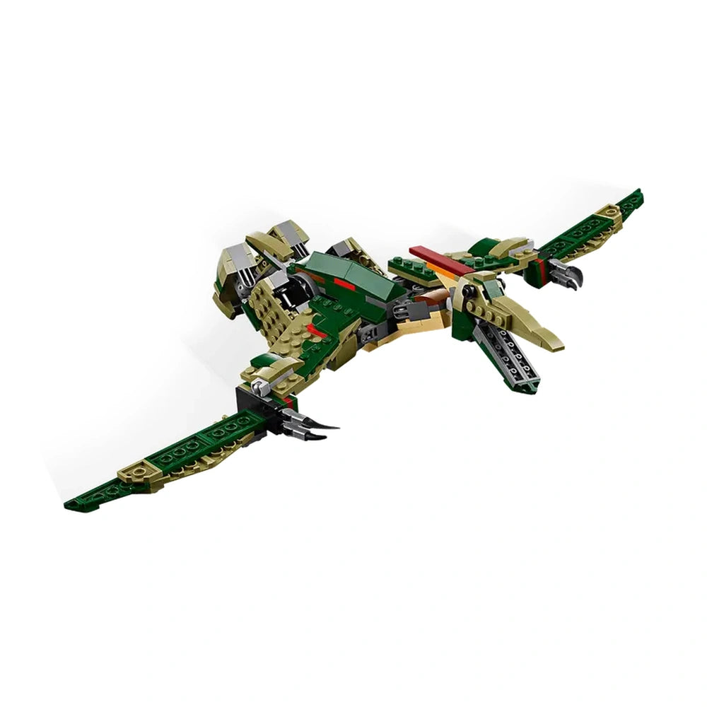 A detailed LEGO Creator T. rex construction set, featuring a green and brown Tyrannosaurus rex with articulated limbs and a menacing stance. The dinosaur showcases intricate design, including a textured body, movable head, and claws, against a plain white background.