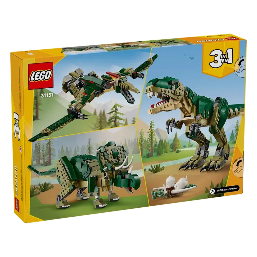LEGO Creator T. rex Construction Set showcasing a green Tyrannosaurus rex alongside a Triceratops and a pterodactyl, with a scenic background of mountains and trees.