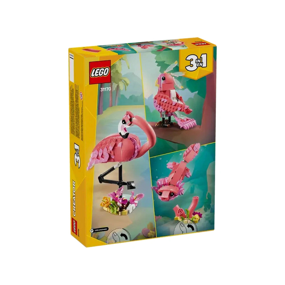 LEGO® Creator 3in1 Wild Animals set (31170) showcasing a vibrant pink flamingo with two alternative animal builds and a colorful backdrop.