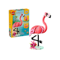 Colorful LEGO Creator 3in1 set featuring a pink flamingo perched on a black stand with decorative flowers, alongside the vibrant packaging.