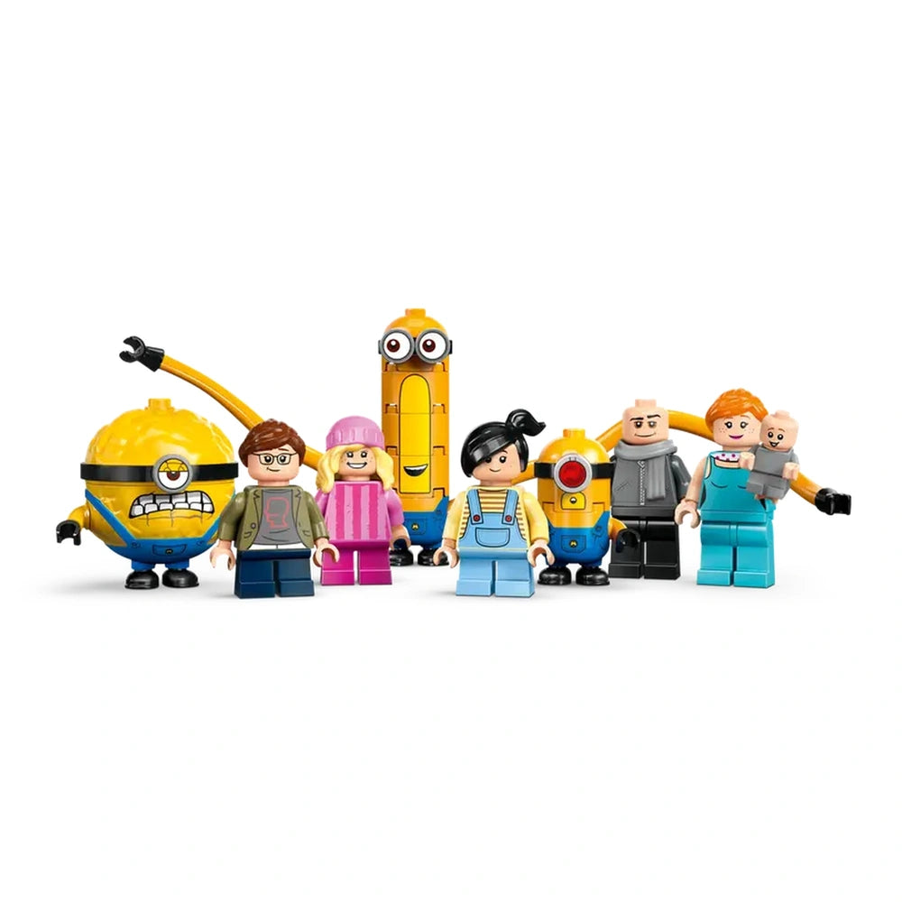 Eight LEGO figures from the Despicable Me franchise, including Minions and Gru's family, stand together. Bright colors and playful expressions highlight each character's unique features.
