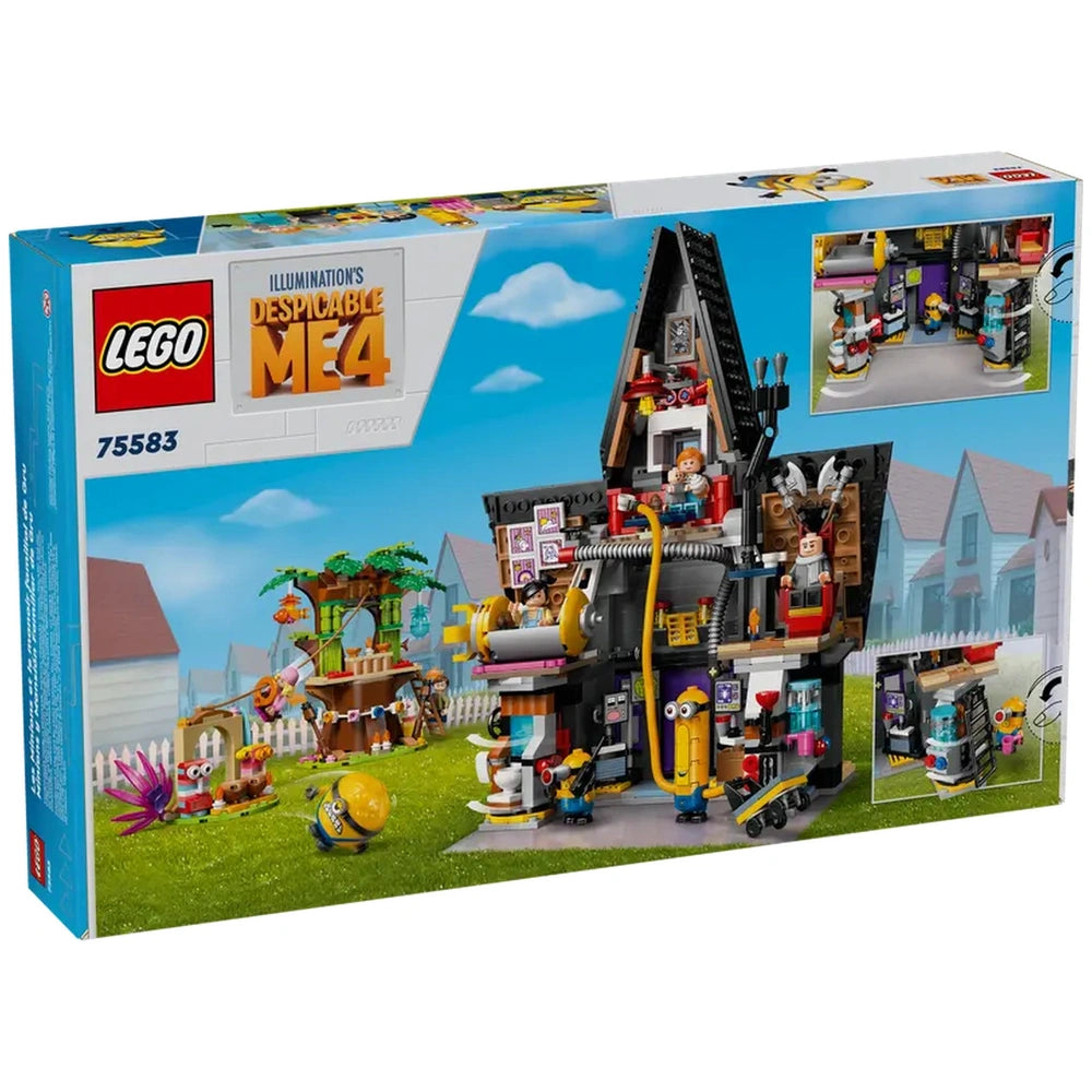 LEGO® Despicable Me 4 construction set featuring Gru's mansion with colorful details, Minions, and a whimsical outdoor scene.