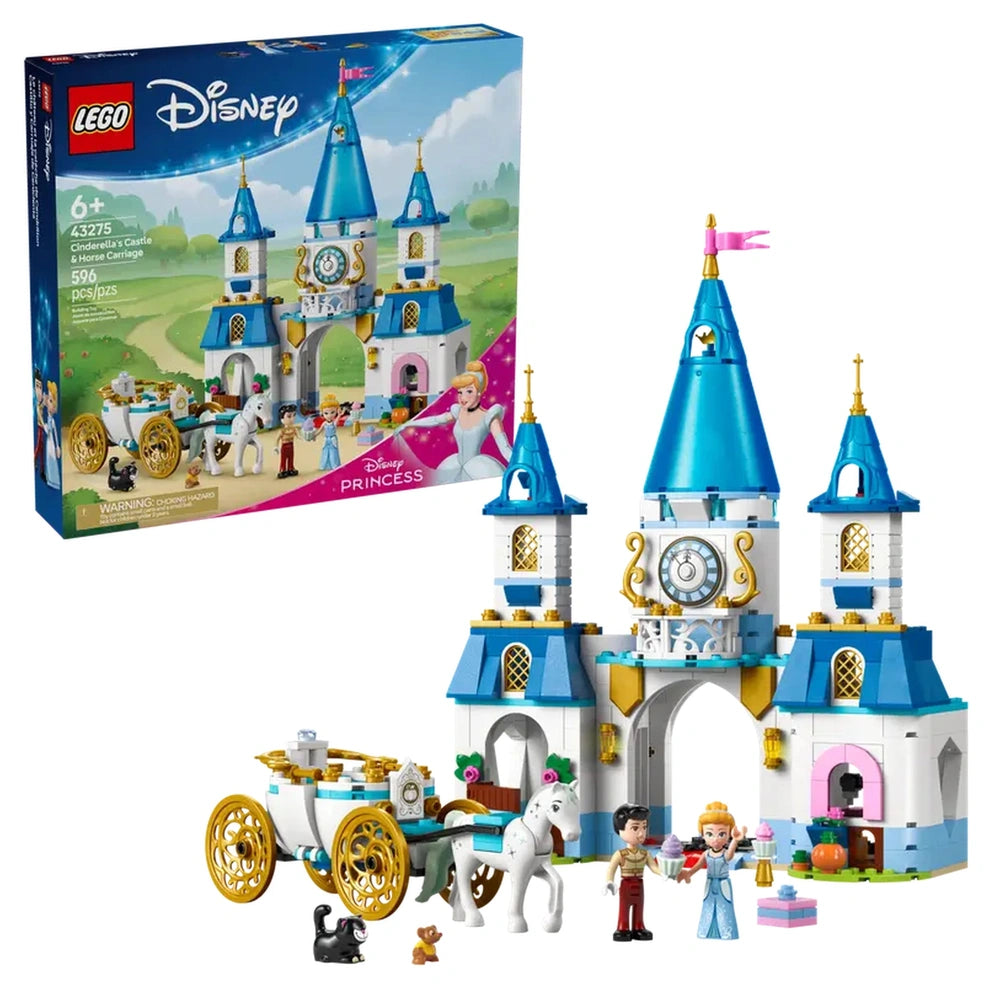 LEGO® Disney Princess Cinderella’s Castle & Horse Carriage set featuring a blue and white castle, horse, and minifigures, set against a vibrant landscape.