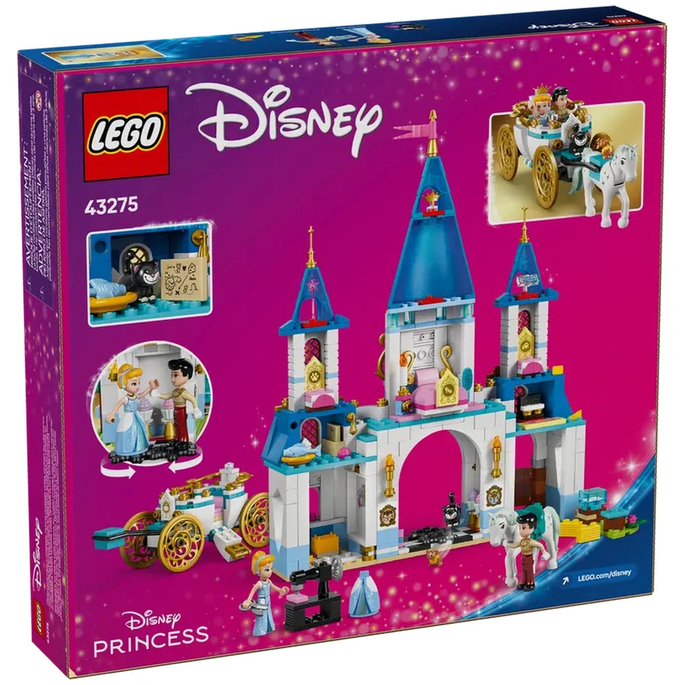 Cinderella's Castle construction set with pink and blue towers, featuring a carriage, mini-figures, and detailed rooms.