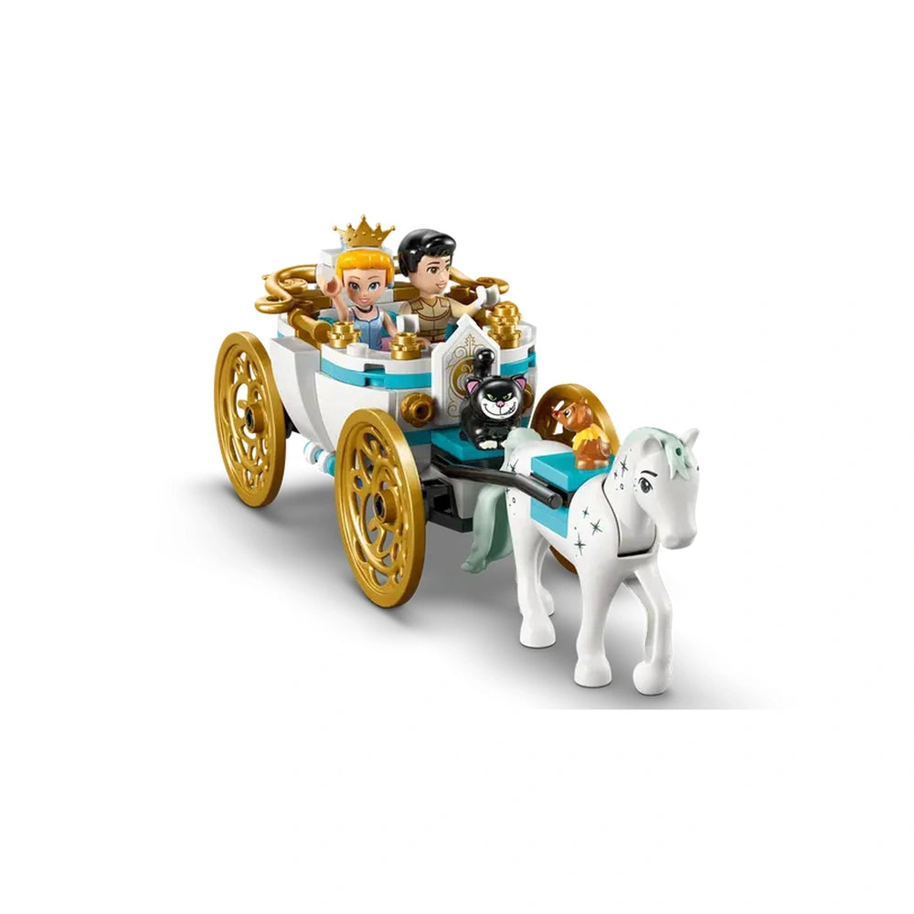 LEGO Disney Princess carriage with Cinderella and Prince Charming inside, pulled by a white horse, featuring gold wheels and playful figures.