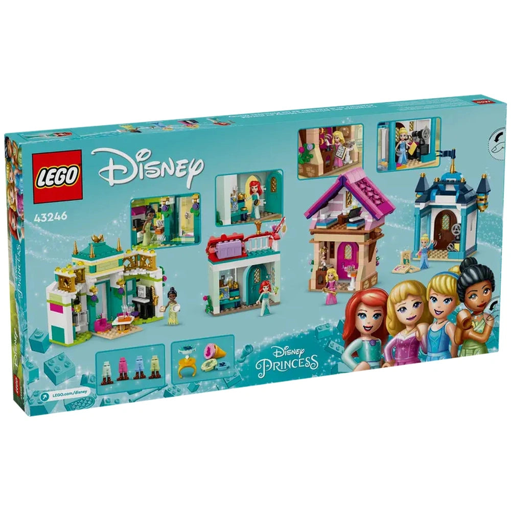 LEGO® Disney Princess Market Adventure set featuring colorful buildings and beloved characters, designed for imaginative play and creativity.
