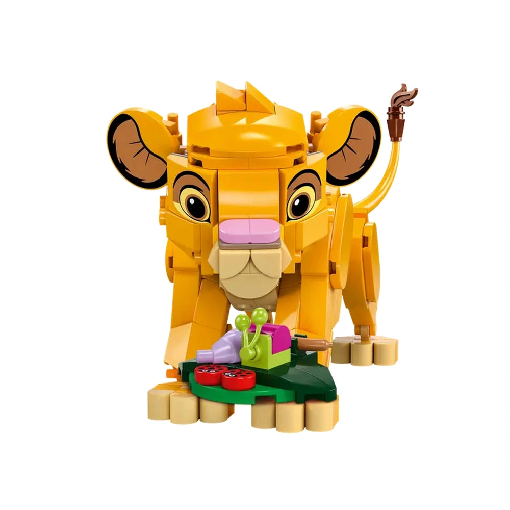 LEGO® Disney Simba the Lion King Cub, a vibrant yellow lion figure with movable legs and tail, surrounded by a leaf build featuring colorful 'bugs.'