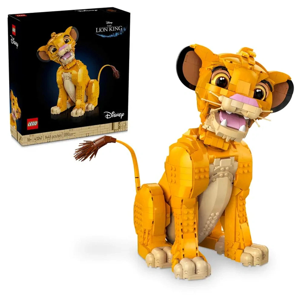 LEGO® Disney Young Simba from The Lion King, featuring intricate yellow and tan detailing, smiling with a movable head, alongside its colorful packaging.