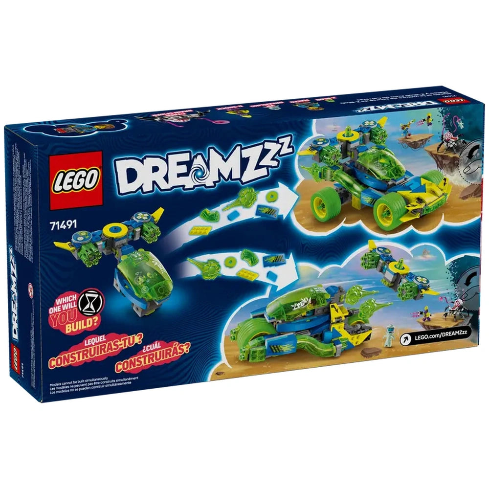 Lego DREAMZzz Mateo and the Z-Blob Action Race Car set box, featuring vibrant green and blue colors, displaying vehicle options and building details.