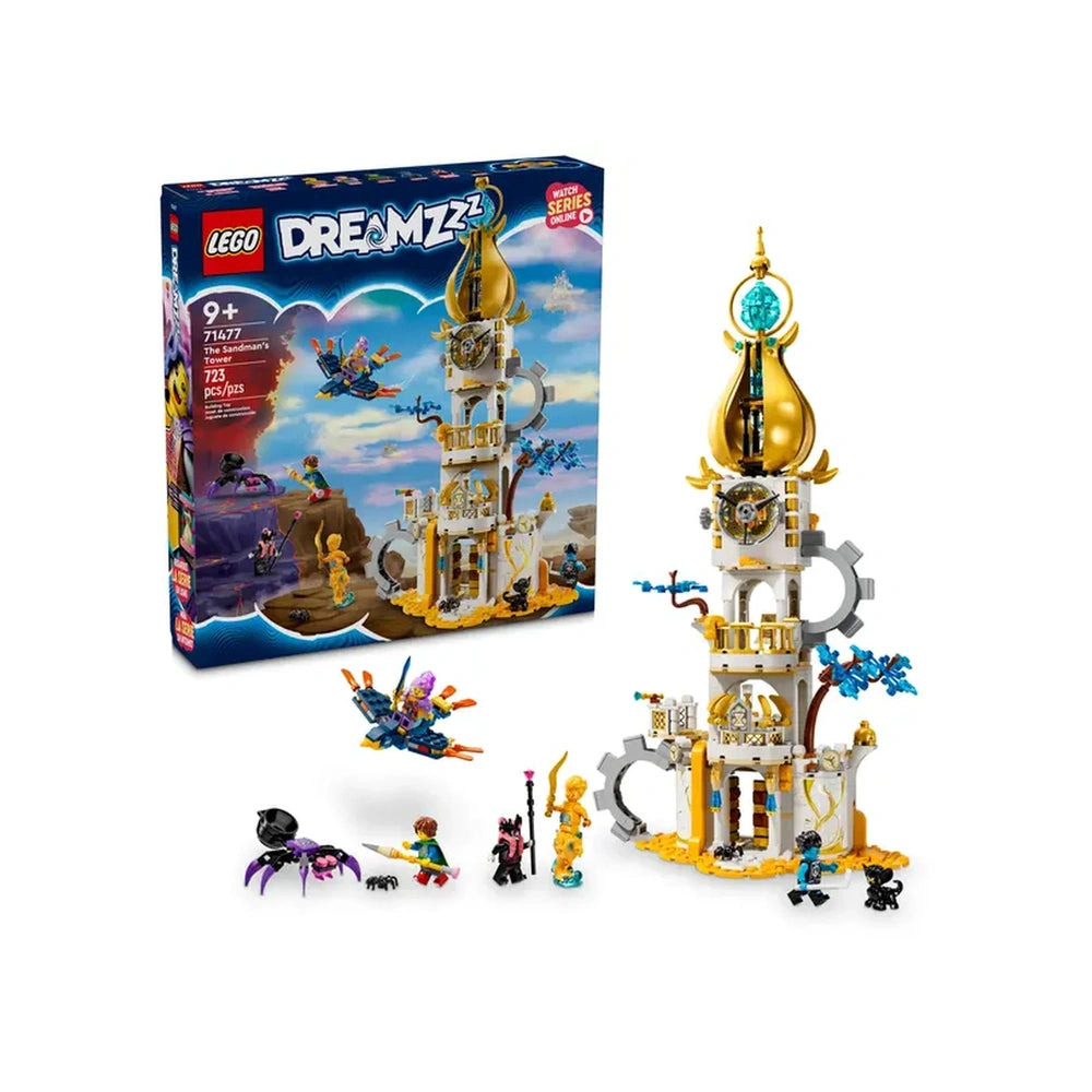 LEGO® DREAMZzz™ The Sandman's Tower construction set with a golden spire, surrounded by colorful minifigures and mystical creatures, showcasing creative play.