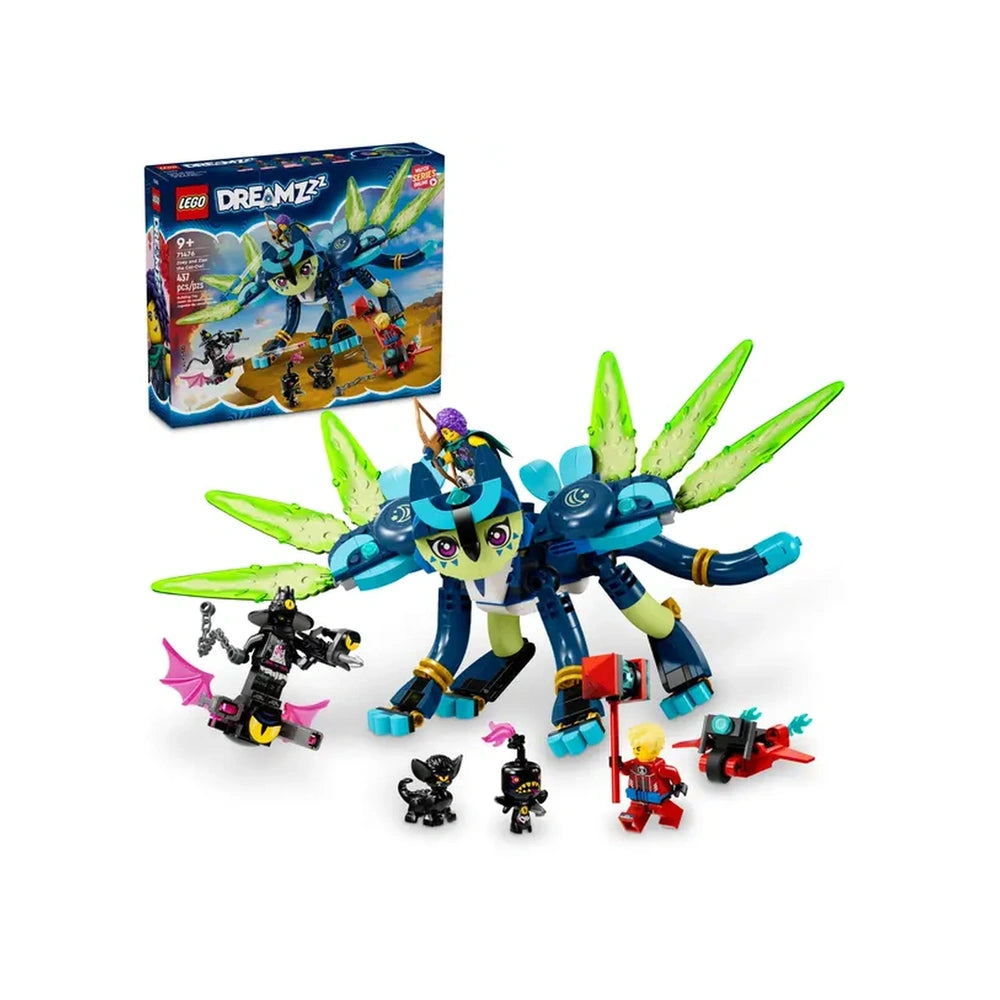LEGO® DREAMZzz™ Zoey and Zian the Cat-Owl construction set, featuring a vibrant blue and green Cat-Owl figure, with wings and dynamic accessories, alongside mini-figures and other characters on a white background.