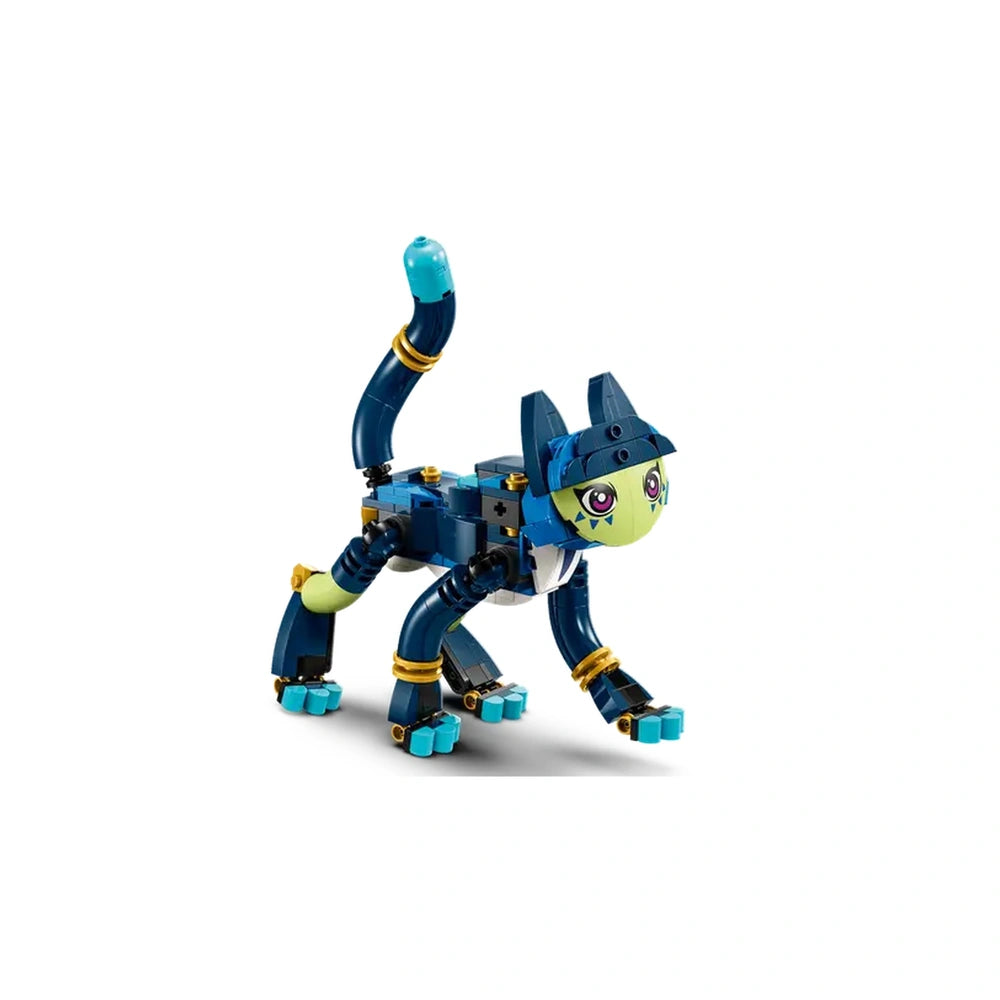 Cat-Owl toy from LEGO® DREAMZzz™ in blue and green, featuring playful eyes, a flexible body, and a detailed design.
