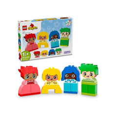 LEGO® DUPLO® My First Big Feelings & Emotions set featuring four colorful characters with interchangeable facial expressions, alongside a vibrant box design.
