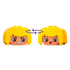 Two LEGO® DUPLO® character heads with interchangeable facial expressions, one showing anger and the other happiness, against a white background.