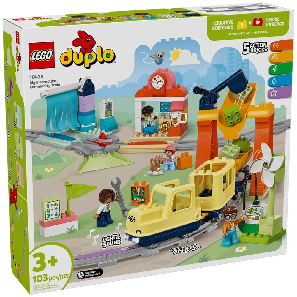 Colorful Lego Duplo Big Interactive Community Train set, featuring a train, station, four figures, and playful accessories for imaginative play.