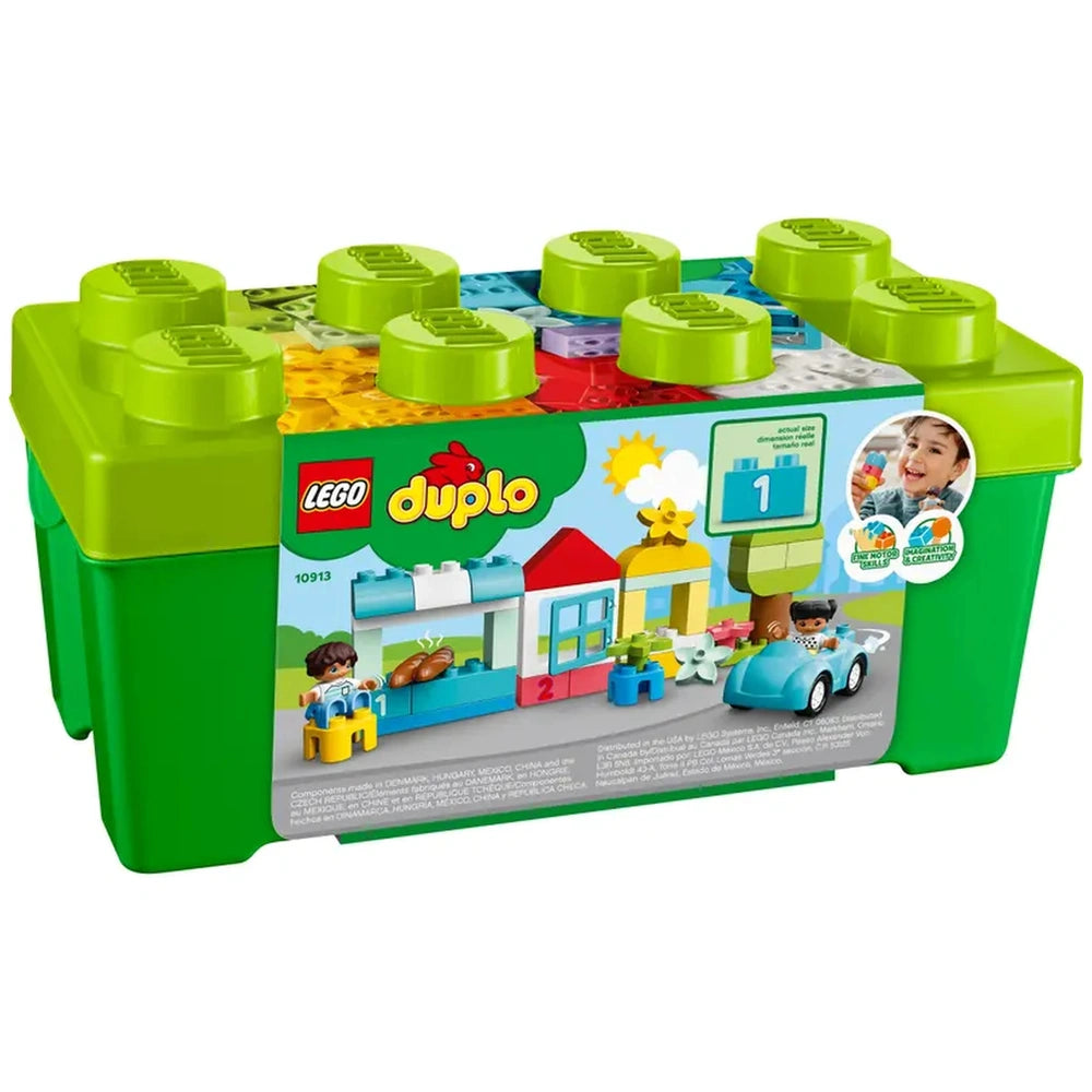 Colorful LEGO® DUPLO® Classic Brick Box with 65 pieces, featuring blocks, wheels, and figure, encouraging imaginative play for toddlers.