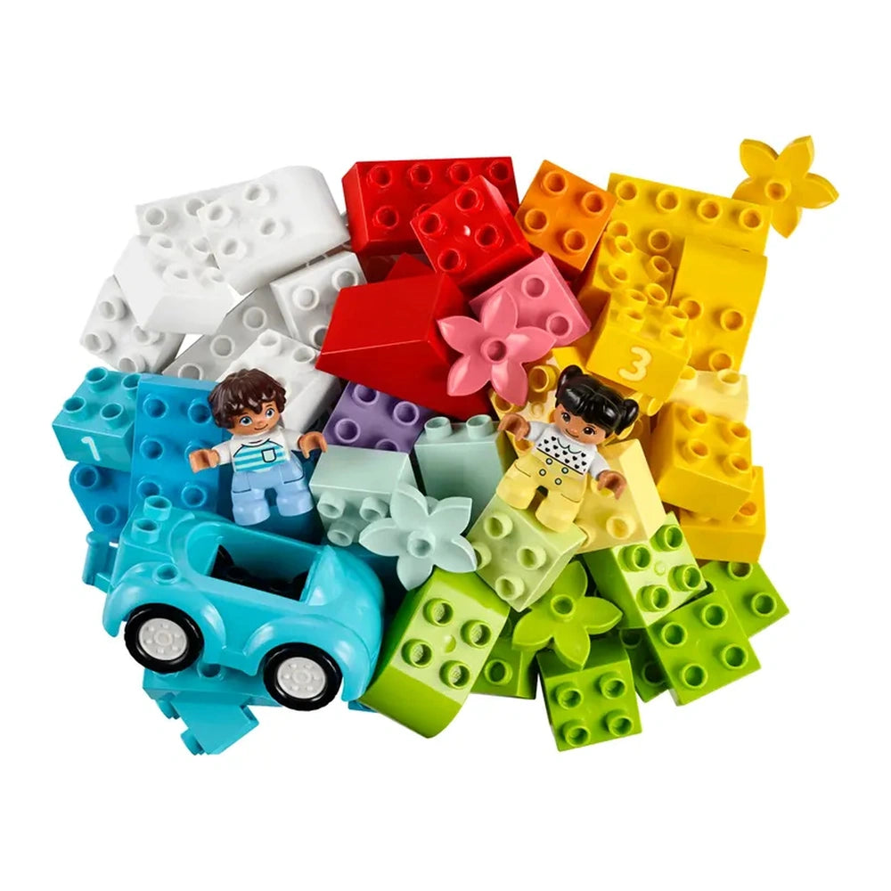 Colorful assortment of LEGO® DUPLO® bricks including red, yellow, and green pieces, with two figures and a blue car.