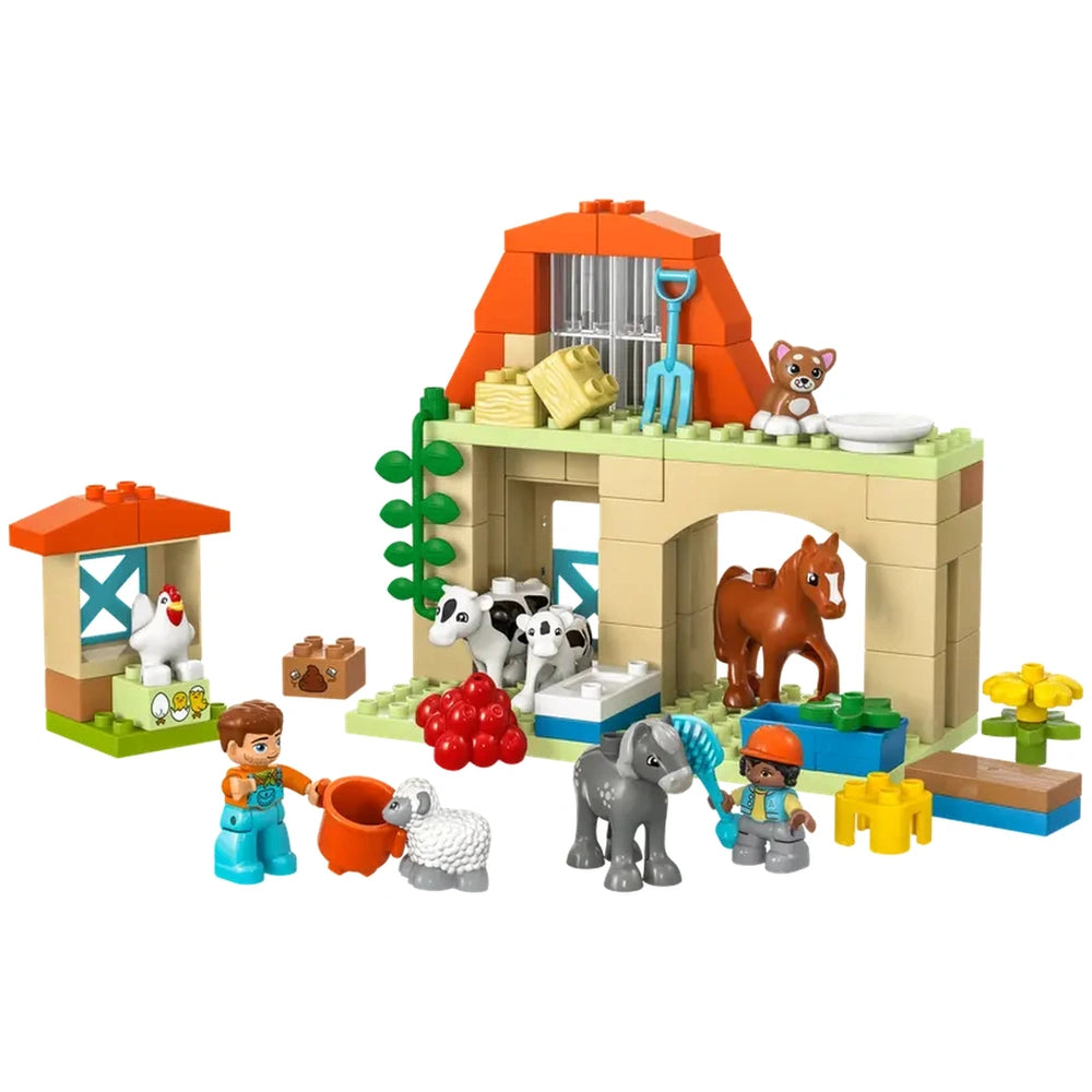 Colorful LEGO® DUPLO® Caring for Animals at the Farm set features a farmhouse, animal figures including a horse, cow, and sheep, with children playing and caring for them.