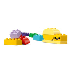 Colorful LEGO® DUPLO® bricks in various shapes, including yellow with a smiling face, purple, green, red, and blue pieces, scattered playfully on a white background.