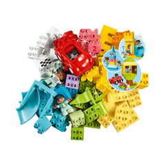 Colorful assortment of LEGO® DUPLO® bricks, including a red toy car, figures, and various shapes in bright colors, alongside pictorial guides for building ideas.