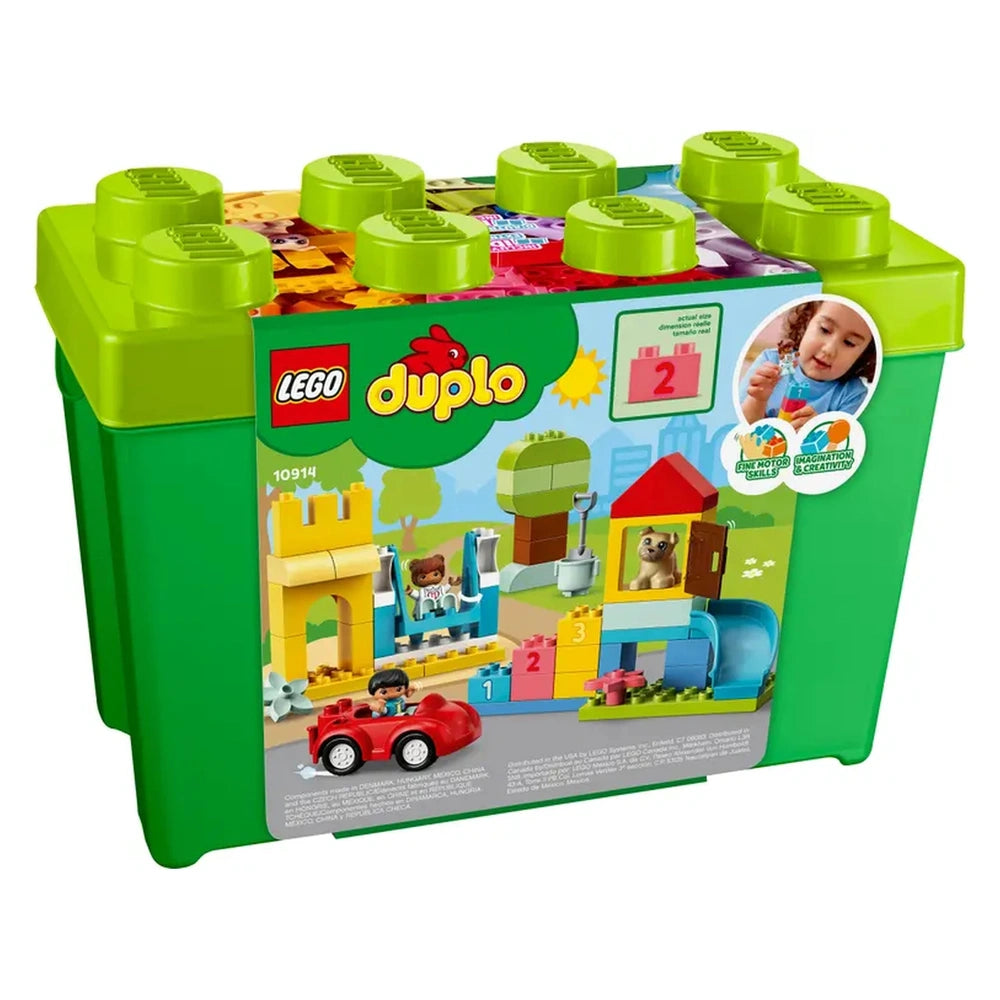 LEGO® DUPLO® Deluxe Brick Box (10914) depicted in vibrant green, featuring colorful bricks and a cheerful design, suitable for toddlers.