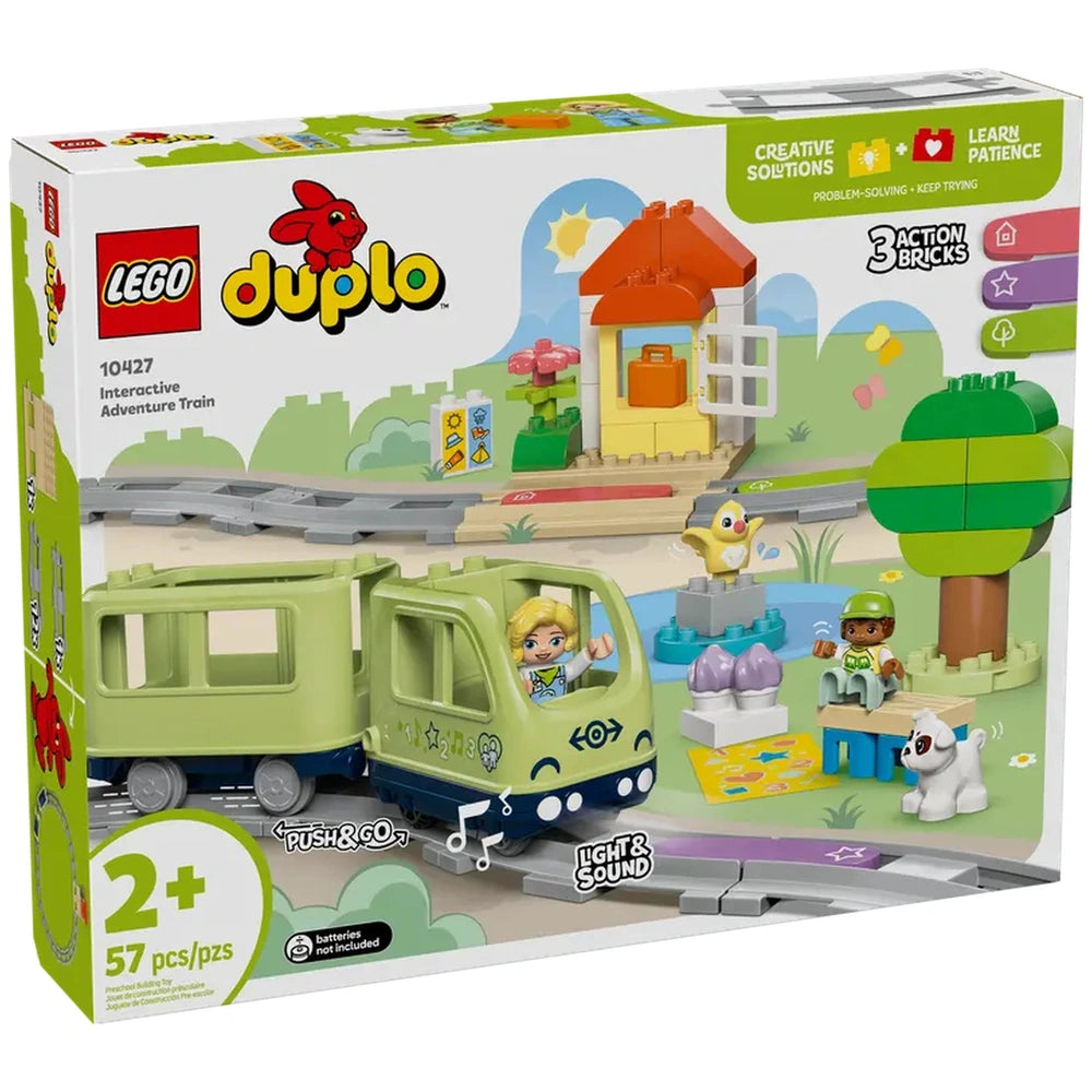 LEGO® DUPLO® Interactive Adventure Train construction set featuring a green train with a blonde child, set against a colorful play scene with a house and trees.