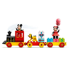 Colorful LEGO® DUPLO® train featuring Mickey Mouse and Minnie Mouse, with Pluto, festive presents, and number bricks, promoting joyful play.