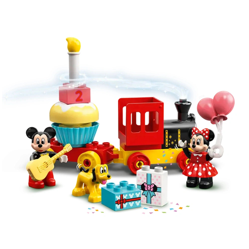 LEGO® DUPLO® Disney Mickey & Minnie Birthday Train featuring Mickey playing guitar, Minnie holding balloons, and Pluto with colorful gifts and a cupcake.