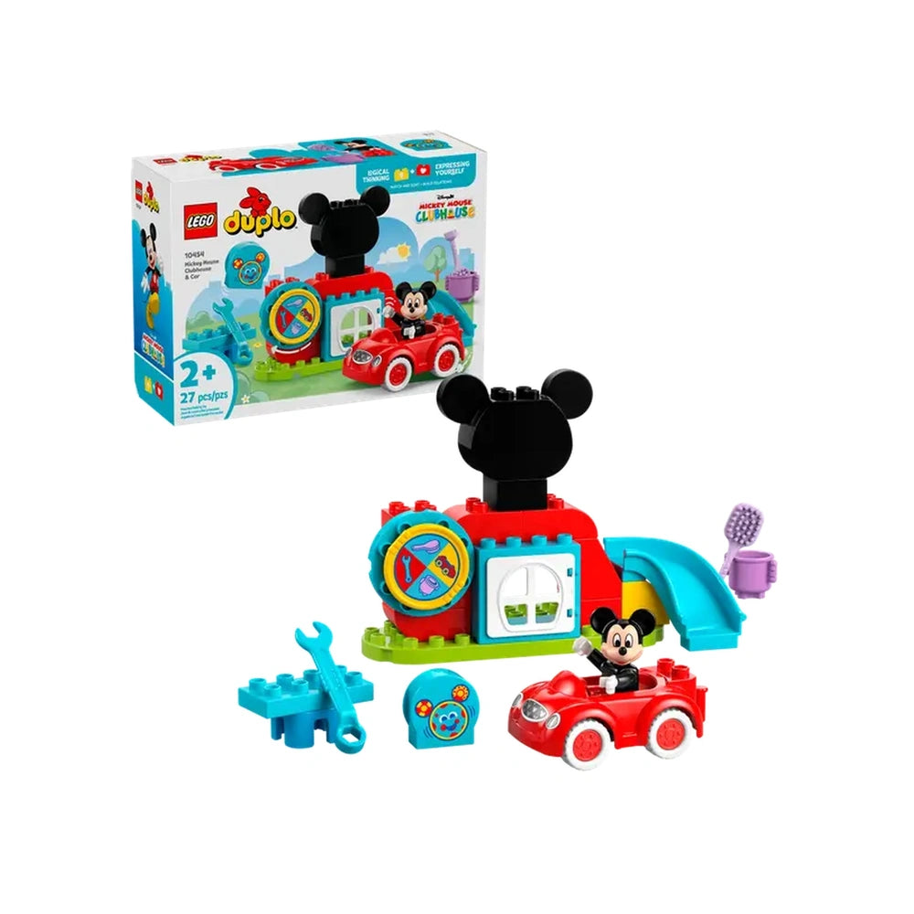 LEGO DUPLO Mickey Mouse Clubhouse construction set featuring a colorful building with a black Mickey Mouse head, a red toy car, and various play accessories.