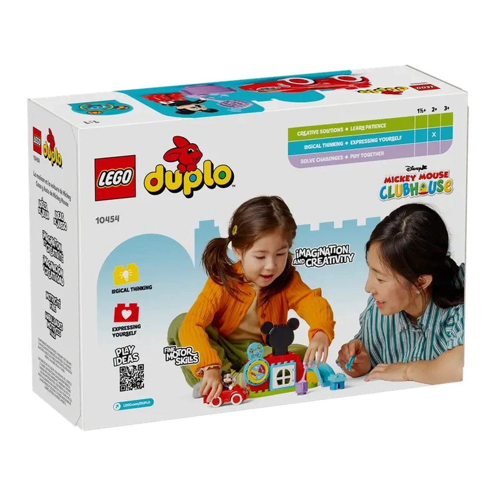 Two children play with the LEGO® DUPLO® Mickey Mouse Clubhouse set, featuring vibrant colors and cheerful characters, promoting creativity and learning.