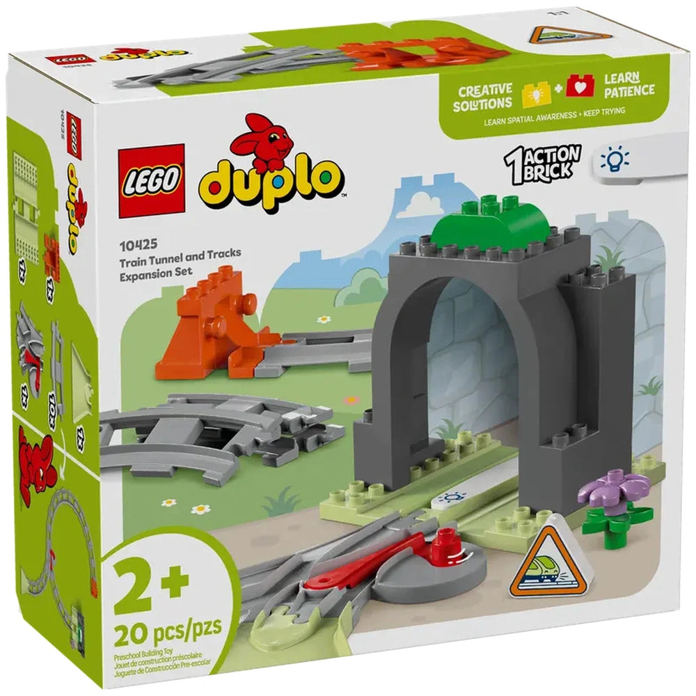 LEGO® DUPLO® Train Tunnel and Tracks Expansion Set (10425) box features colorful components, including a gray tunnel, tracks, and an orange switch track, set against a green background with playful graphics.