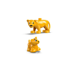 Two playful yellow LEGO® DUPLO® lion figures, one larger standing upright and one smaller in a playful pose, against a white background.