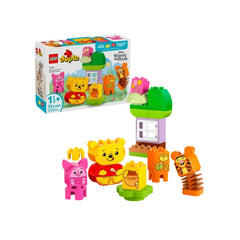 LEGO® DUPLO® Winnie the Pooh’s Birthday Party set featuring colorful building blocks, with Winnie the Pooh, Tigger, and Piglet figures, alongside a green-roofed playhouse and gifts.
