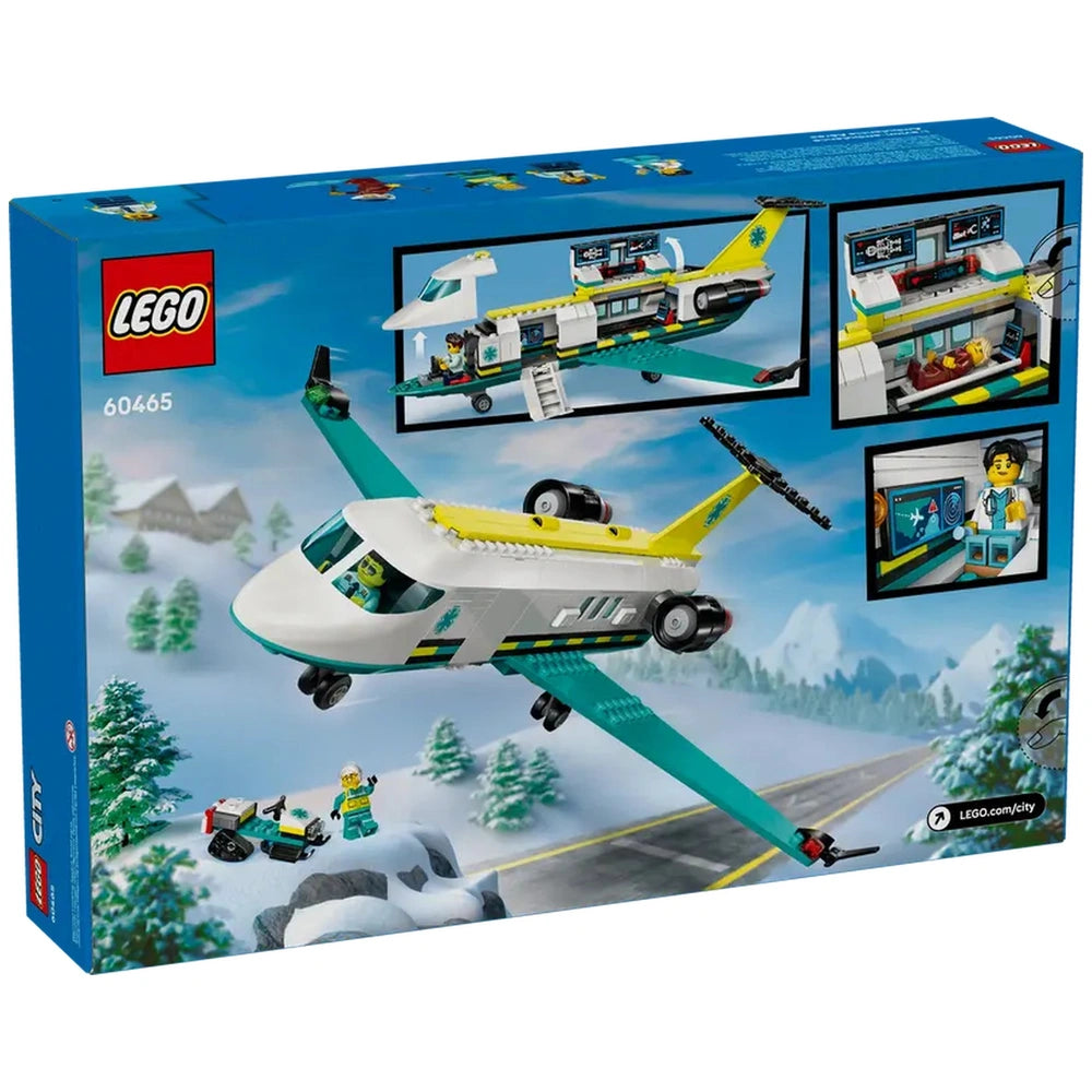 LEGO City Emergency Air Ambulance Plane set featuring a white and teal airplane, fold-down stairs, and a snow scooter.