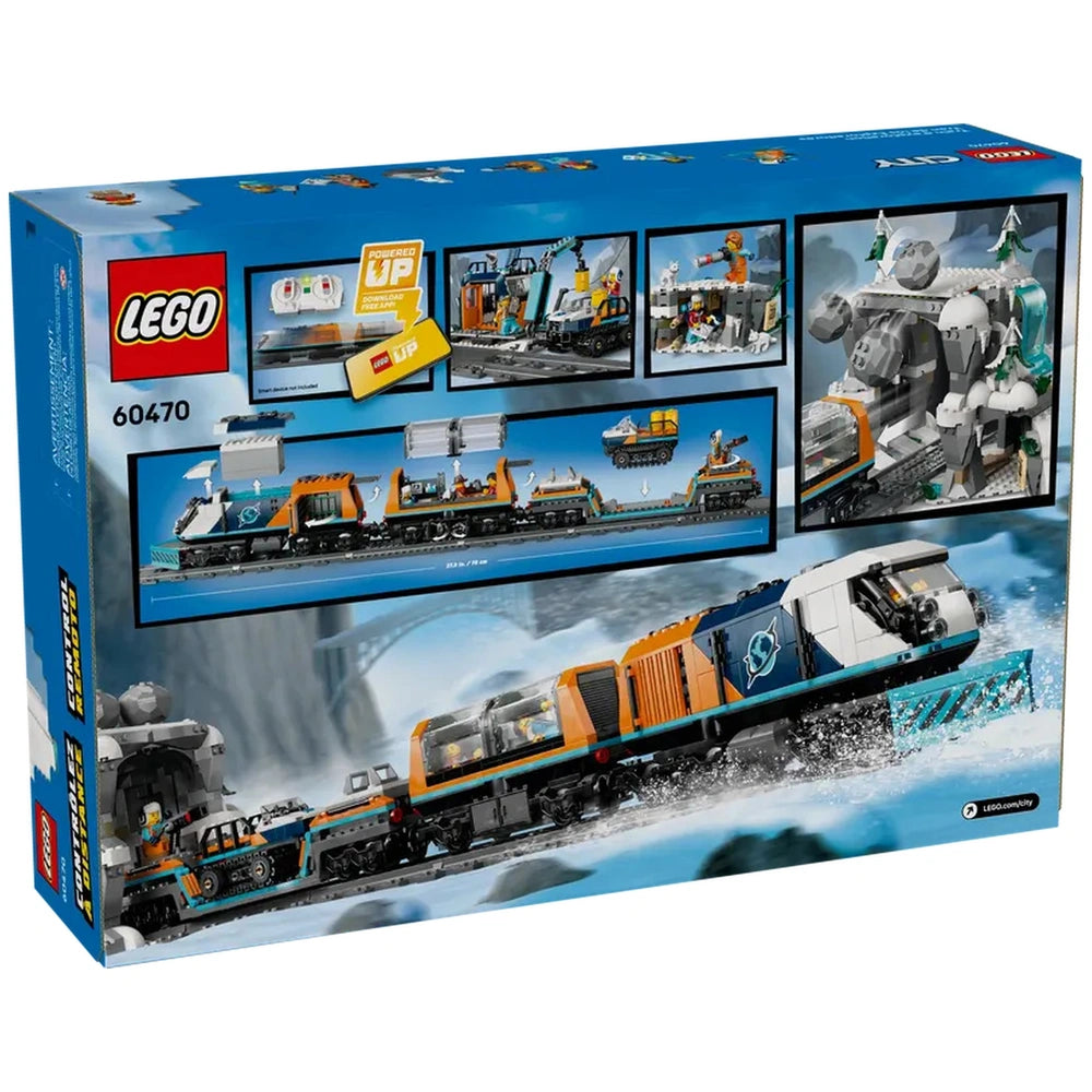 LEGO® Explorers' Arctic Polar Express Train set box showing a remote-controlled train with snowplow in a snowy landscape, featuring vibrant orange and blue colors.