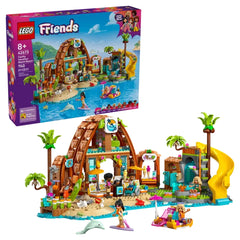 LEGO Friends Family Vacation Beach Resort construction set featuring a vibrant beach scene, palm trees, a water slide, and minidolls enjoying various activities.