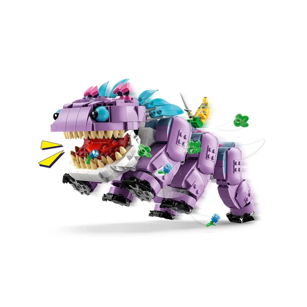 LEGO Fortnite Klombo construction set featuring a colorful purple dinosaur with movable legs, an open mouth, and attached Klomberries.