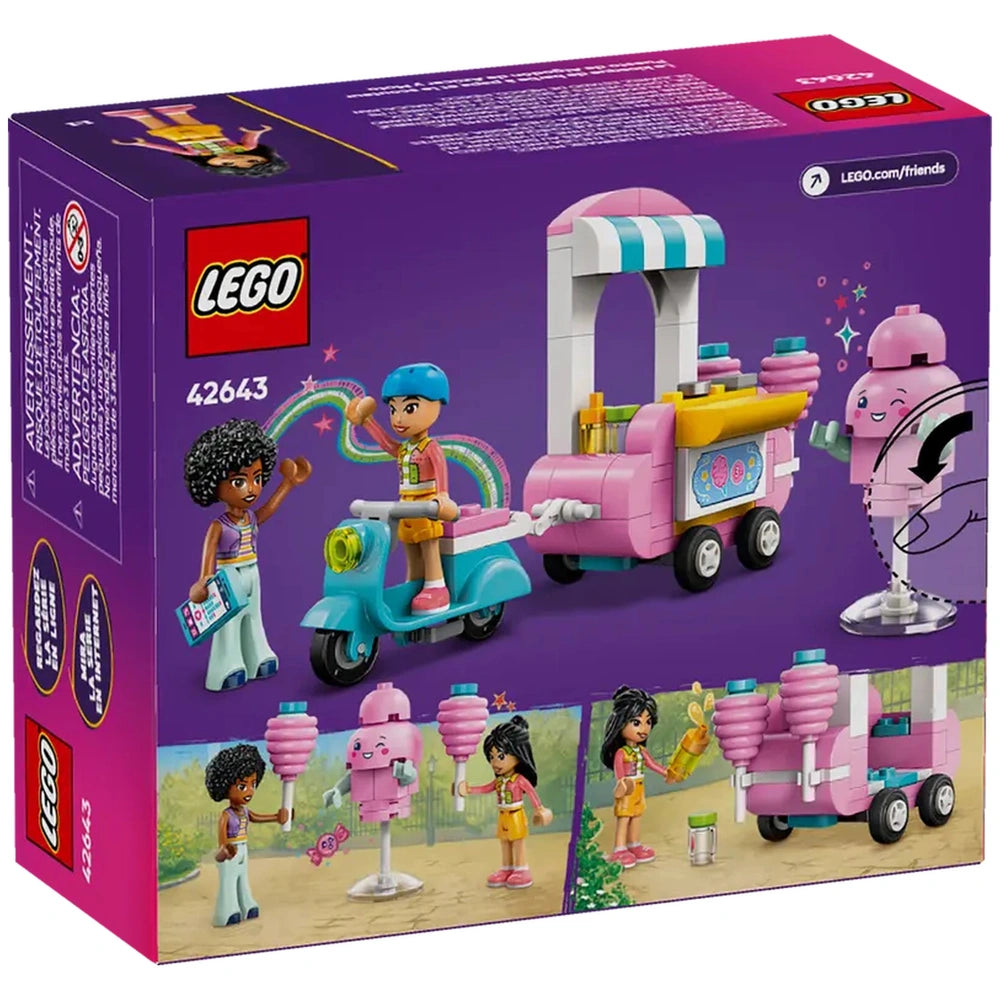 LEGO Friends Cotton Candy Stand and Scooter set featuring colorful accessories, two minidolls, and a pink mobile food cart.