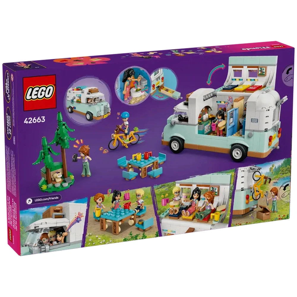 LEGO Friends Friendship Camper Van Adventure set featuring a colorful camper van, three minidolls, outdoor scene with trees, and fun accessories.