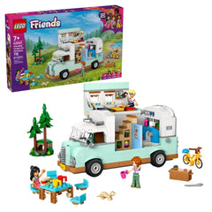 Lego Friends Friendship Camper Van Adventure set, featuring a light blue camper, three minidolls, a ferret, and outdoor accessories.