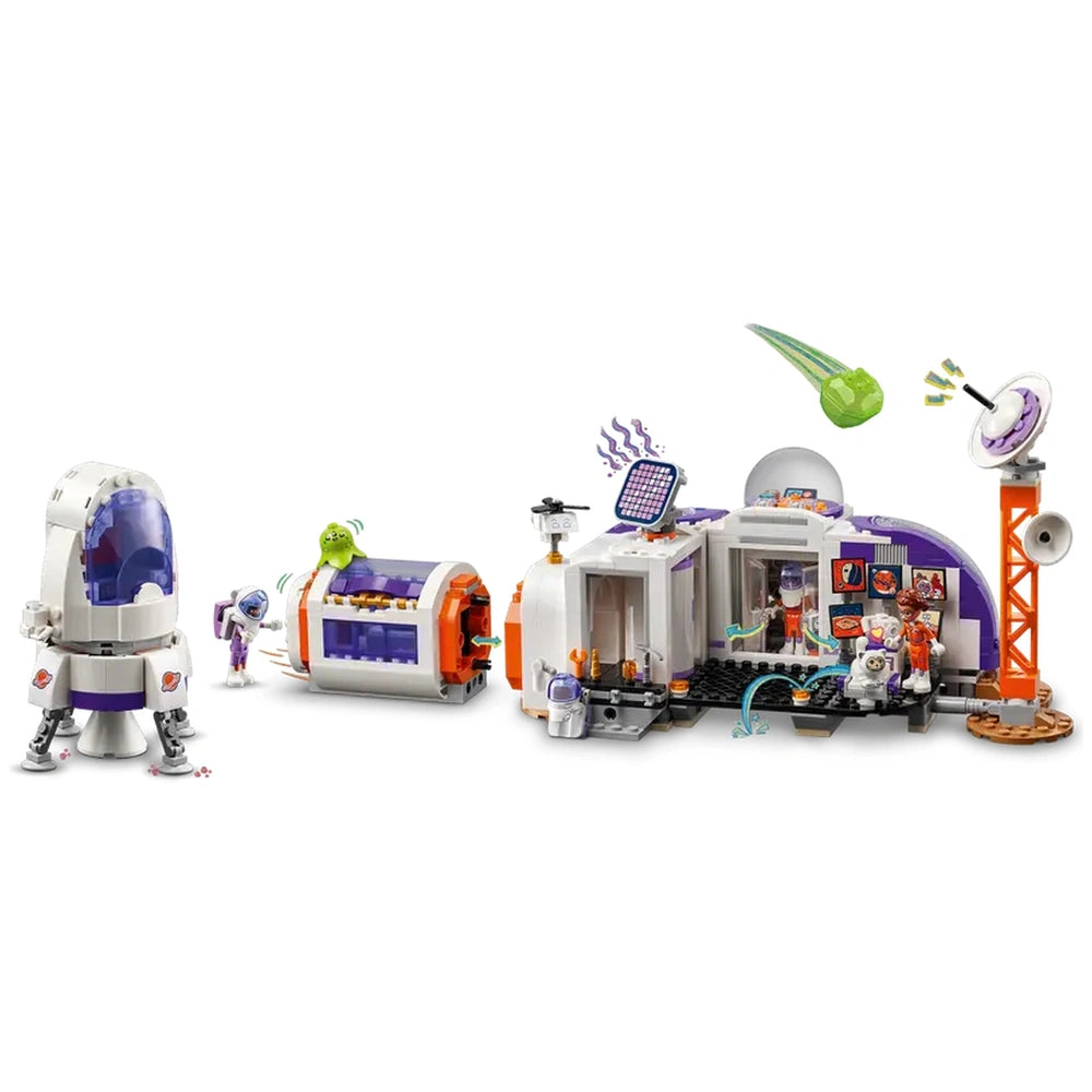 LEGO Friends Mars Space Base set featuring a white and purple rocket, an exploration rover, and three mini-dolls in astronaut attire.