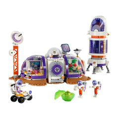 Lego Friends Mars Space Base and Rocket set with a purple and white research base, exploration rover, and three mini-dolls in astronaut suits.