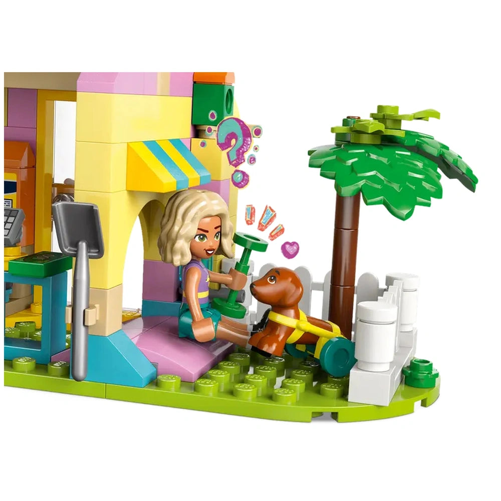 A young girl plays with a brown dog in front of a colorful pet accessories shop, surrounded by vibrant greenery and playful details.