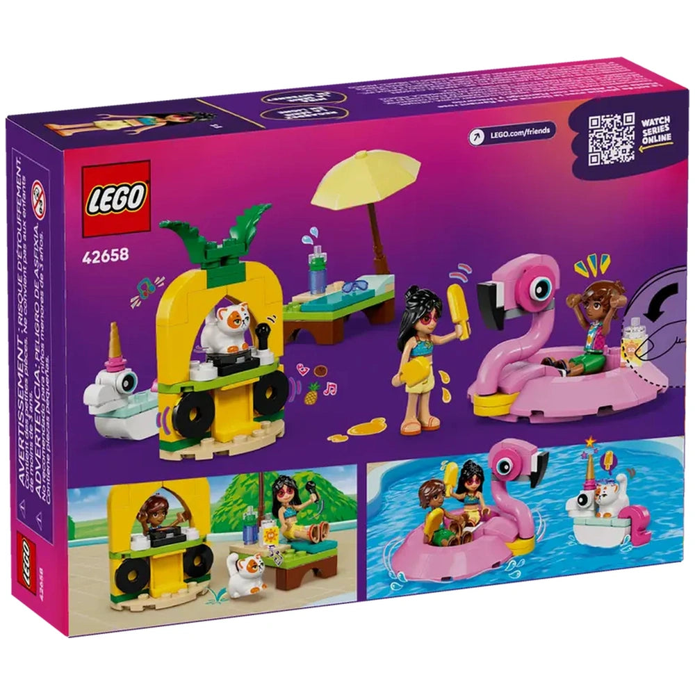 Colorful LEGO Friends set featuring a pool party scene with characters Leo and Liann, a flamingo floatie, and Churro the cat.